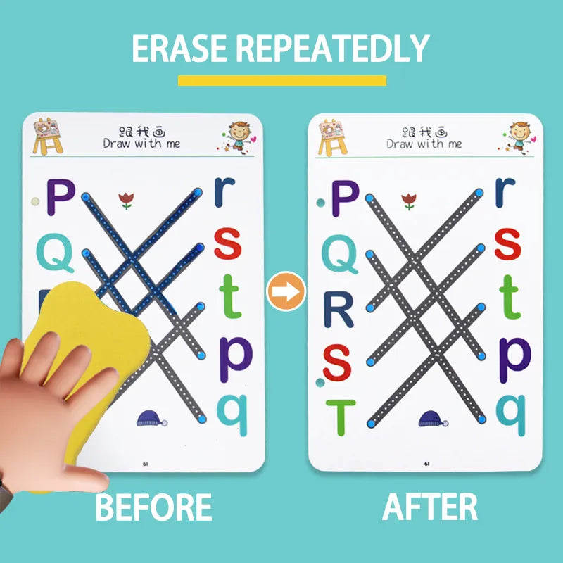 Reusable Educational Tracing Work Book for kids 64 Pages ( 2 Markers & Duster Attached)