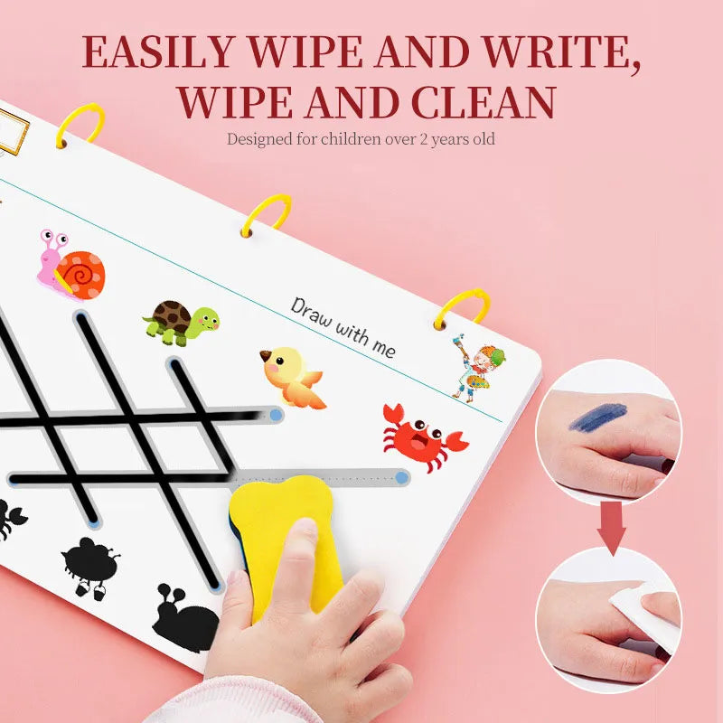 Reusable Educational Tracing Work Book for kids 64 Pages ( 2 Markers & Duster Attached)
