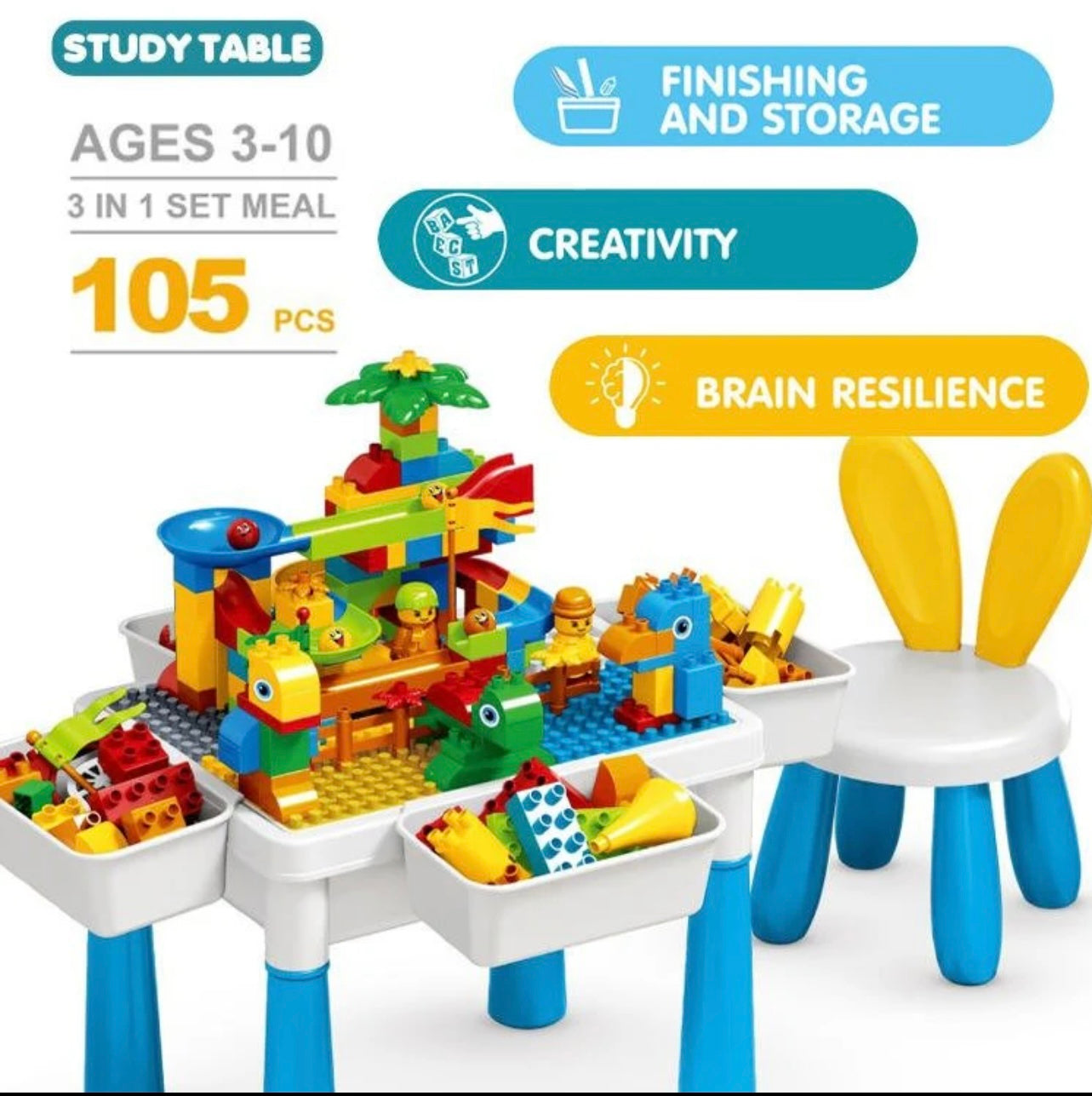 Kids Building Blocks Table with Chair & Learning Station 105pcs